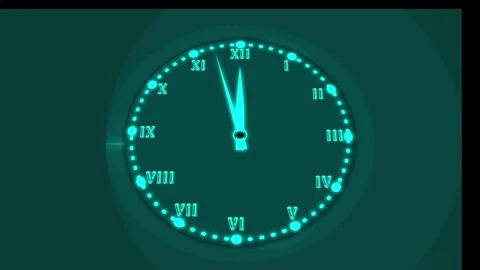 Cyan Glowing Roman Numeral Clock Face with Hands on Dark Teal Swirling anim.. Stock Footage 337366558