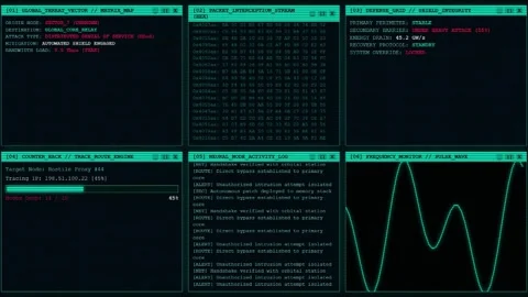 Cyan hacker terminal and cyber attack dashboard interface Stock Footage 342147985