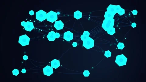 Cyan hexagonal network nodes pulsating through digital grid in dark backgroun 스톡 동영상 347200104