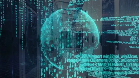 Cyan holo globe forming on data burst, rotating while code cascades, visualizing Stock Footage 332577529