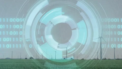 Cyan holo ring rising over windfarm expanding rotating aligning towers streaming Stock Footage 332746801