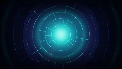 Cyan HUD circle interface rotating seamless loop motion background Stock Footage 345938907