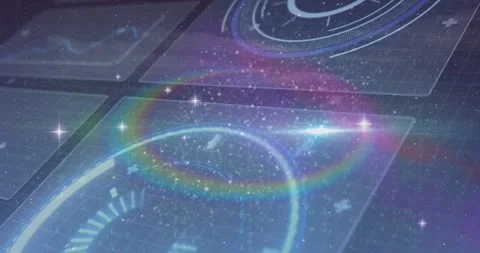 Cyan HUD gauge activating, evolving as bright streak triggers rainbow arc, 스톡 동영상 329533245