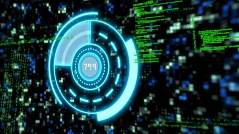 Cyan HUD rotating in tech data field code streams intersecting, updating numeric Stock Footage 330380039