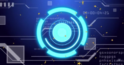 Cyan interface appearing, pulsing rotating rings, code scrolling, timestamp Stock Footage 312915635
