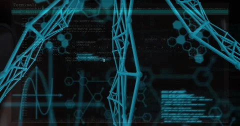 Cyan lattice shifting with incoming data, exposing code blocks and hex icons for Stock Footage 328685253