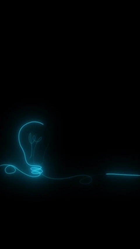 Cyan light bulb idea line glowing wire drawing, dark copy space, and minimal inn Video stock 340557288