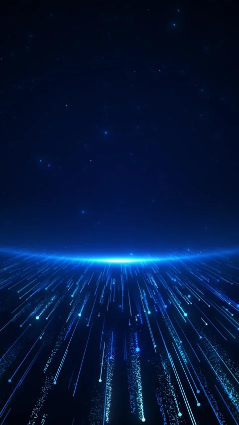 Cyan light horizon visual with speed trails, glowing particles, deep blue space, Stock Footage 340470390