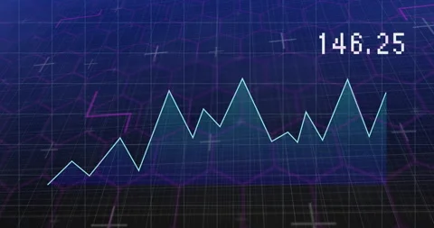 Cyan line graph displaying changing data points over dark purple hex grid, Stock Footage 309109968