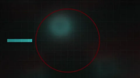 Cyan Line Horizontal Motion Across Red Circle Grid on Dark Digital Interface Stock Footage 343693588
