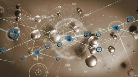 Cyan link sweeping from left activating metal node network linking spheres and Stock Footage 330004357