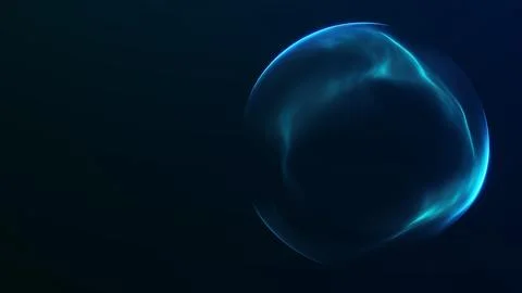 Cyan liquid sphere with a translucent flowing surface glows beside copy spa.. Illustrazione stock