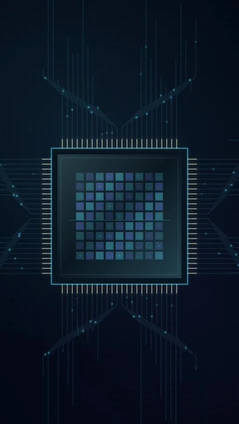 Cyan-lit processor chip surrounded by pulsing circuit lines on a dark blue Stock Footage 345184964