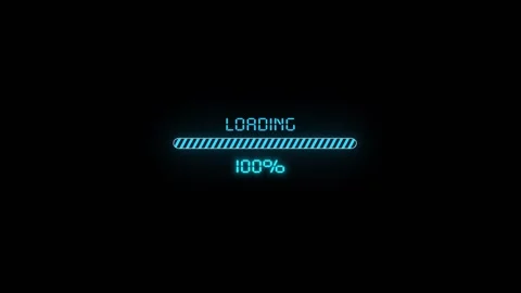 Cyan loading status interface visual full progress bar, bright pixel text, and c Stock Footage 340556915