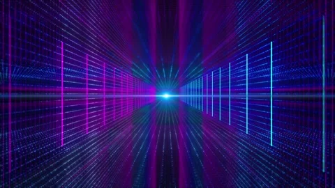 Cyan magenta grid tunnel visual with glowing vertical lines, dotted perspective Stock Footage 340552906