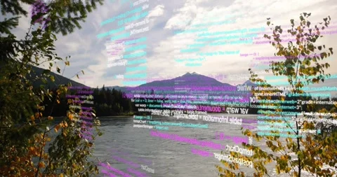 Cyan magenta white code bands emerging from edges sweeping and layering across Stock Footage 329575141