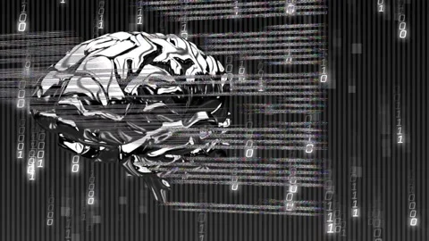 Cyan marker activating, chrome brain rotating and tilting while code panels Stock Footage 334337708