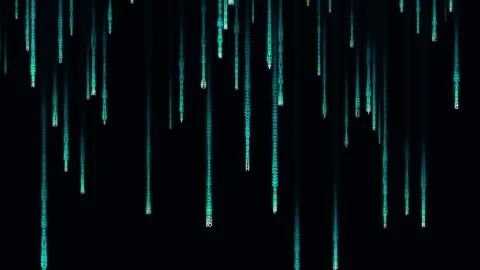 Cyan matrix code rain background, glowing digital data trail stream loop Stock Footage 342573347