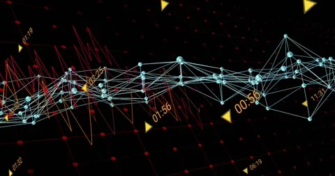Cyan mesh network moving across red grid, triggered by rising wave, pulsing Stock-Footage 329576108