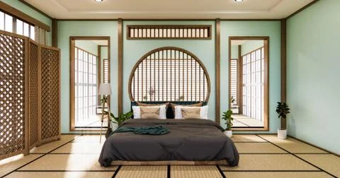 Cyan Mint Circle shelf wall design on bed room japanese deisgn with tatami ma Stock Illustration