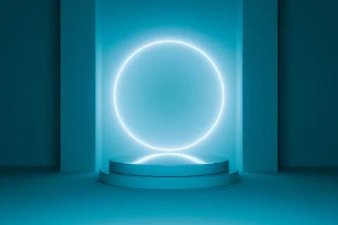 Cyan neon circle glow with 3D pedestal in dark room. Stock Illustration