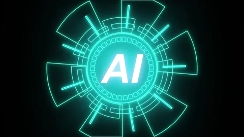 Cyan neon circular hud interface with ai concept animation on black backgro.. Stock Footage 337363932