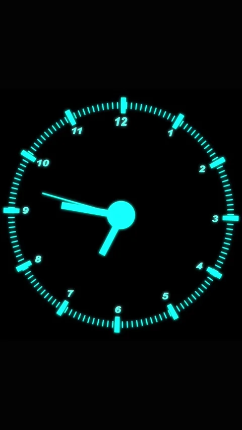 Cyan Neon Clock Face with Glowing Numbers and Tick Marks on a Black Backgro.. Stock Footage 337460538