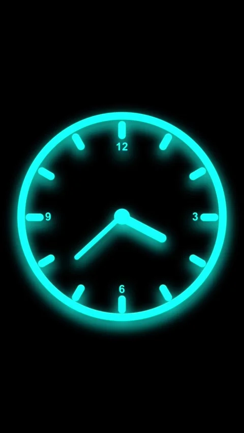 Cyan Neon Clock Face with Hour Markers on Black Background time analog Stock Footage 337461368