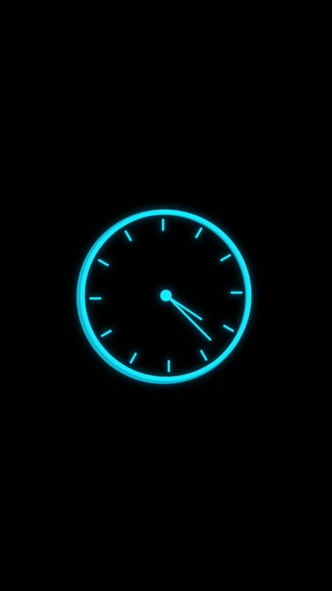 Cyan neon clock icon background glowing round outline, simple hand marks, Stock Footage 340525045