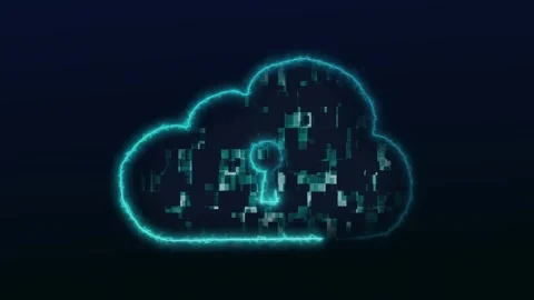 Cyan neon cloud icon with glitching pixels and keyhole security sign. Cyber.. Stock Footage 337023134