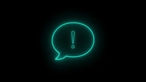 Cyan neon exclamation mark icon inside speech bubble glowing on black backg.. Stock Footage 345548163