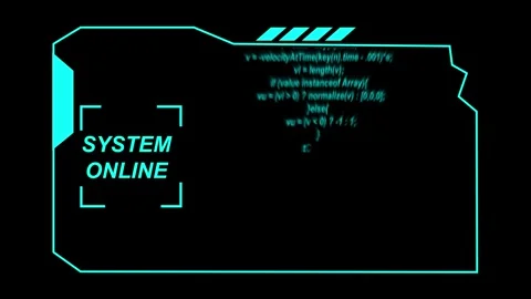 Cyan Neon Futuristic Interface Frame with System Online Text and Code Snipp.. Stock Footage 337363627