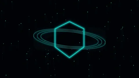 Cyan Neon Hexagon with Orbiting Rings and Digital Matrix Rain Background Stock Footage 342779682