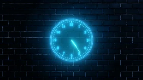 Cyan neon light analog clock isolated animated on wall background Stock Footage 165742957