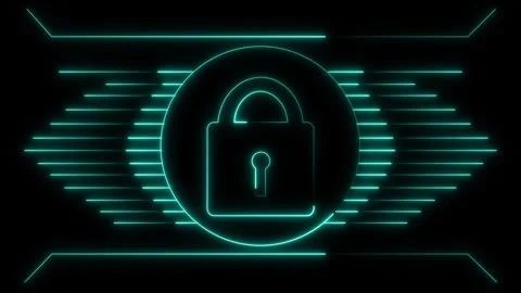 Cyan neon lock icon inside a circle with lines. Lock icon security technolo.. Stock Footage 337369365