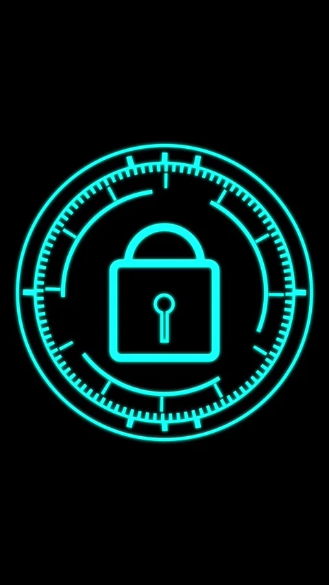 Cyan Neon Lock Icon within Circular Target on animated Black Background acc.. Stock Footage 337463373