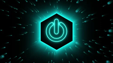 Cyan neon power button icon in a hexagonal frame. Technical cyan neon power.. Stock Footage 338240422