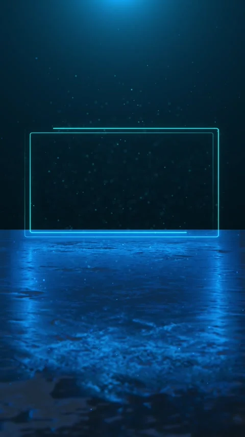 Cyan neon rectangle stage glowing frame, dark reflective floor, blue particle am Stock Footage 340479565