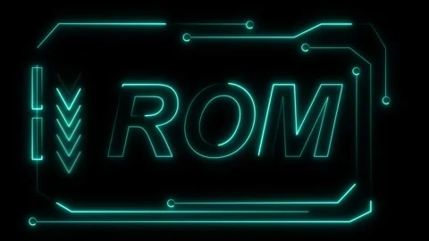 Cyan Neon ROM Text Inside a Futuristic Circuit Board Frame with Arrows on a.. Stock Footage 337363374