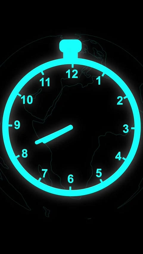 Cyan neon stopwatch with world map outline and clock hands on a black backg.. Stock Footage 337462865