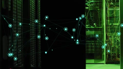 Cyan network overlay reshaping across server racks shifting nodes and rerouting Stock Footage 334036506