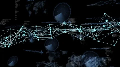 Cyan node mesh oscillating in analytics UI, receiving telemetry and animating Stock Footage 332822063