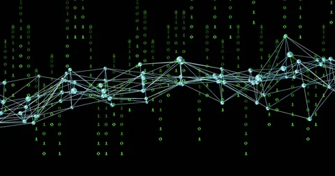 Cyan node network spreading, waving after pulse from falling binary stream, Stock Footage 328685681