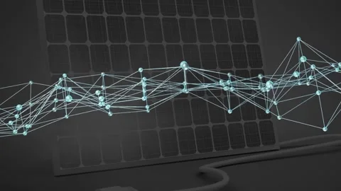Cyan node network starting waves over dark PV panel, coil below, pulsing meshes Stock Footage 333963250