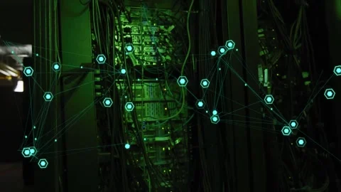 Cyan nodes appearing and clustering over central server rack, visualizing active Stock Footage 331757566