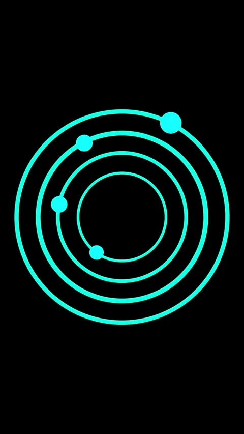 Cyan orbital paths with three small spheres visualize science concepts. Orb.. Stockbeeldmateriaal 344862579