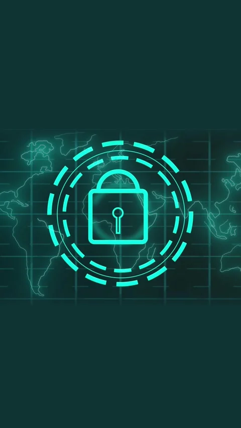 Cyan Padlock Icon with Circular Digital Interface on Dark Grid Background s.. Stock Footage 337462264