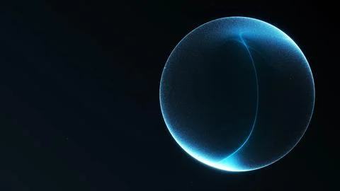 Cyan particle sphere with soft glow and wide copy space on a dark backgroun.. Stock Illustration