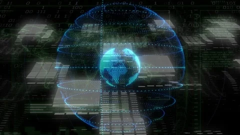 Cyan particles converging into holographic globe, orbiting rings tightening for Stock Footage 332469178
