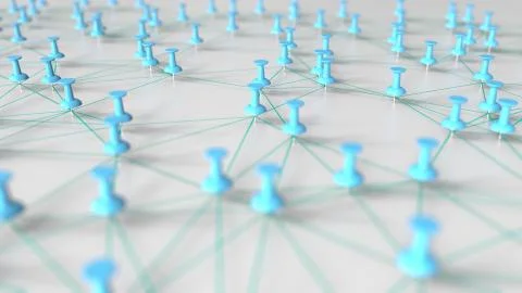 Cyan pins and threads compose a network on a pinboard. 3D rendering Stock Illustration